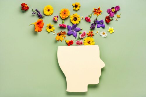 Image de fleurs sortant d'une tête, représentant la santé mentale
